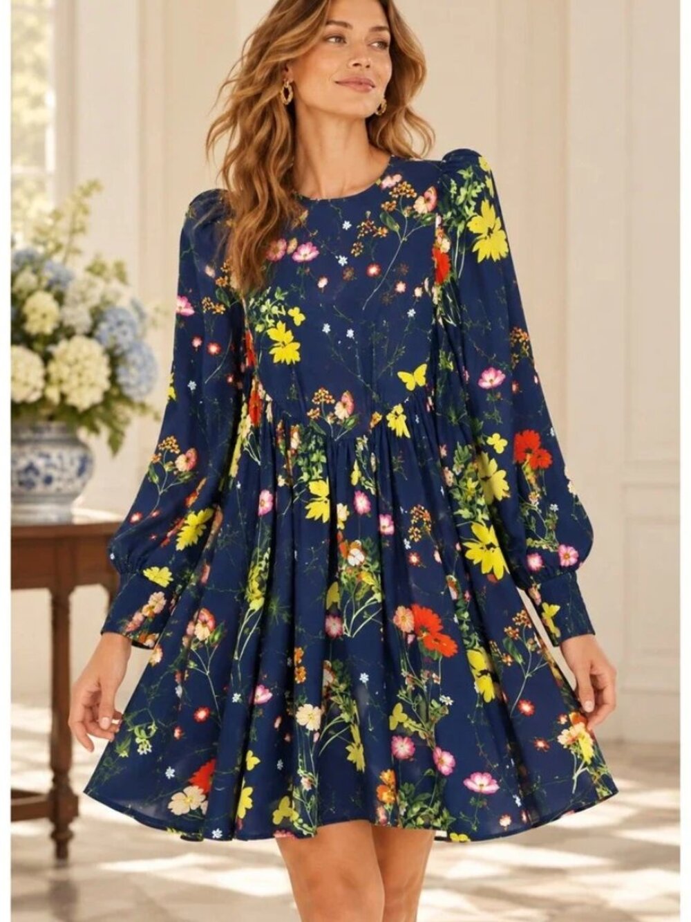 Tuckernuck Pomander Place Navy Blue Wildflower Floral Babydoll Mini Dress size L